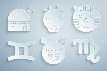 Sticker - Set Pig zodiac, Tiger, Gemini, Virgo, Ox and Astronomical observatory icon. Vector