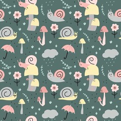 Cute snails seamless patter. Hand dawn garden characters with botanical elements, pastel colors, baby decor, kids nursery and clothes. Decor textile, wrapping paper wallpaper vector print or fabric