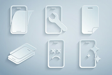 Sticker - Set Dead mobile, Glass screen protector, Mobile service and icon. Vector