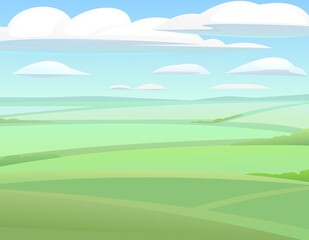 Wall Mural - fields and vegetable gardens hills. rural landscape. horizontal village nature illustration. cute co