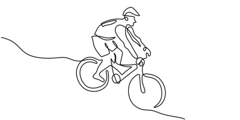 Continuous one single line of man riding mountain bike isolated on white background minimalism design.