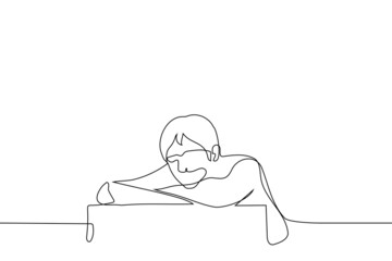 Wall Mural - man sits bored at personal small table with his torso lowered on it or fell asleep in lesson - one line drawing vector. boring lesson concept, procrastination, idleness, daytime sleep