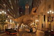 T-Rex dinosaur roaring in the street destroying cars