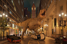 T-Rex Dinosaur Roaring In The Street Destroying Cars
