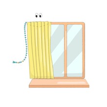 Nice Yellow Blinds On The Window That Look Like A Kind Character. Picture For The Development Of Imagination. Hand Drawn Vector Illustration