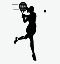 Female Tennis Padel Player Icon Illustration. Paddle Sport Vector Graphic Symbol Clip Art. Sketch Black Sign Young Women Is Padel Tennis Player Jump To The Ball Good Looking For Posts And Poster Video