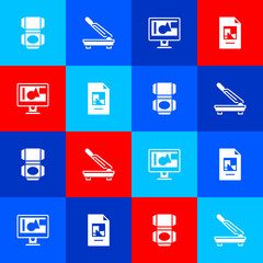 Sticker - Set Carton cardboard box, Paper cutter, Computer monitor screen and File document icon. Vector