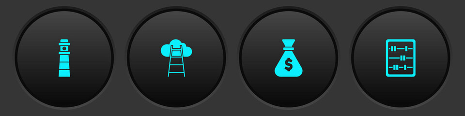 Sticker - Set Lighthouse, Stair with finish flag, Money bag and Abacus icon. Vector