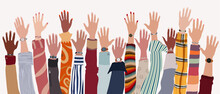 Group Of Raised Arms And Hands Of Multicultural People. Community Or Society Of Men And Women Of Diverse Cultures And Races.Collaboration Teamwork Agreement Between Colleagues Or Friends