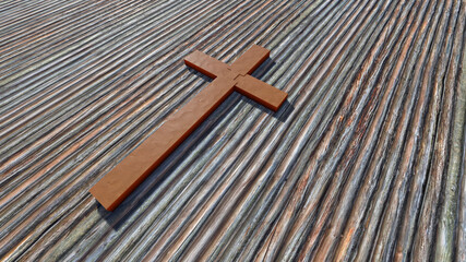 Wall Mural - Concept or conceptual metal rusted cross on a natural wood or wooden logg background. 3d illustration metaphor for God, Christ, religious, faith, holy, spiritual, Jesus, belief, resurection