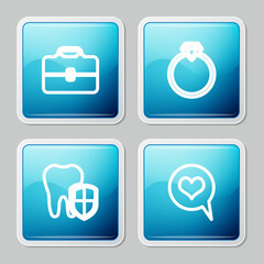 Poster - Set line Toolbox, Diamond engagement ring, Dental protection and Heart speech bubble icon. Vector