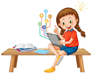 Wall Mural - young girl using tablet with education icons