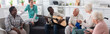 © LIGHTFIELD STUDIOS - Smiling interracial elderly people playing acoustic guitar near nurse in nursing home, banner