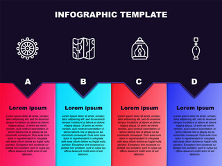 Sticker - Set line Ship steering wheel, Folded map, Camping lantern and Fishing spoon. Business infographic template. Vector