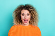 Photo of excited amazed crazy cute lady omg discount reaction wear orange knitted sweater isolated teal color background