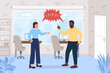 © The img - Arguing coworkers flat color vector illustration. Conflict in office. Man and woman annoyed at each other at work. Colleagues 2D cartoon characters with corporate workplace interior on background