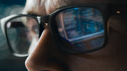 Aufkleber - Close-up Portrait of Software Engineer Working on Computer, Line of Code Reflecting in Glasses. Developer Working on Innovative e-Commerce Application using Machine Learning, AI Algorithm, Big Data