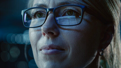 Poster - Close-up Portrait of Female Software Engineer Working on Computer, Programming Reflecting in Glasses. Developer Working on Innovative e-Commerce Application using Machine Learning, AI, Big Data