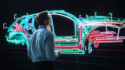 Poster - Innovative Green Energy Startup: Engineer Designing Electric Car Using Tablet Computer and Big Wall Screen to Analyse Prototype. Concept for Sustainable Environmnetally Friendly Zero Emissions Vehicle