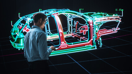 Fototapete - Innovative Green Energy Startup: Engineer Designing Electric Car Using Tablet Computer and Big Wall Screen to Analyse Prototype. Concept for Sustainable Environmnetally Friendly Carbon Neutral Vehicle