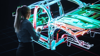 Poster - Innovative Green Energy Startup: Female Engineer Designing Electric Car Using Tablet Computer and Big Wall Screen to Analyse Prototype. Concept for Sustainable Zero Emissions Carbon Neutral Vehicle