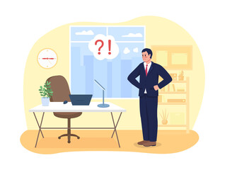 Poor attendance at work 2D vector isolated illustration. Employee late to office. Absent worker. Angry boss flat characters on cartoon background. Corporate work challenges colourful scene