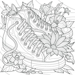  Sneakers and flowers.Coloring book antistress for children and adults. Illustration isolated on white background.Zen-tangle style. Hand draw