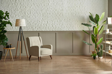 Wall Mural - Room wall concept, brick and classic style, clock armchair lamp and green plant botanic interior decor, brown parquet and carpet.