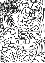 Cute Animal Coloring Black White With Turtle, And Bird  Jungle With Tree And Leaf Line Style Illustration