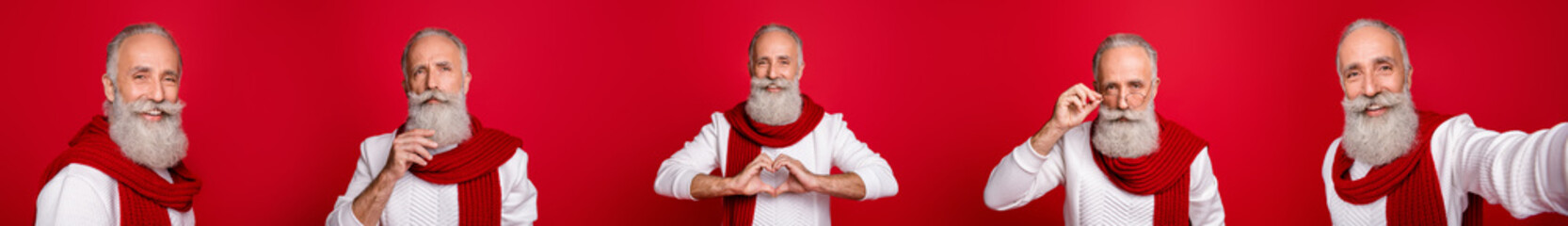 Sticker - Multiple photo composition of handsome grandpa make selfie show heart symbol xmas midnight family meeting isolated over red color background