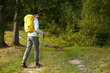 Poster - Man with backpack and trekking poles hiking in forest. Space for text