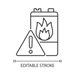 Wall Mural - Battery flammability linear icon. Accumulator flash point. Thermal runaway. Fire start risk. Thin line customizable illustration. Contour symbol. Vector isolated outline drawing. Editable stroke