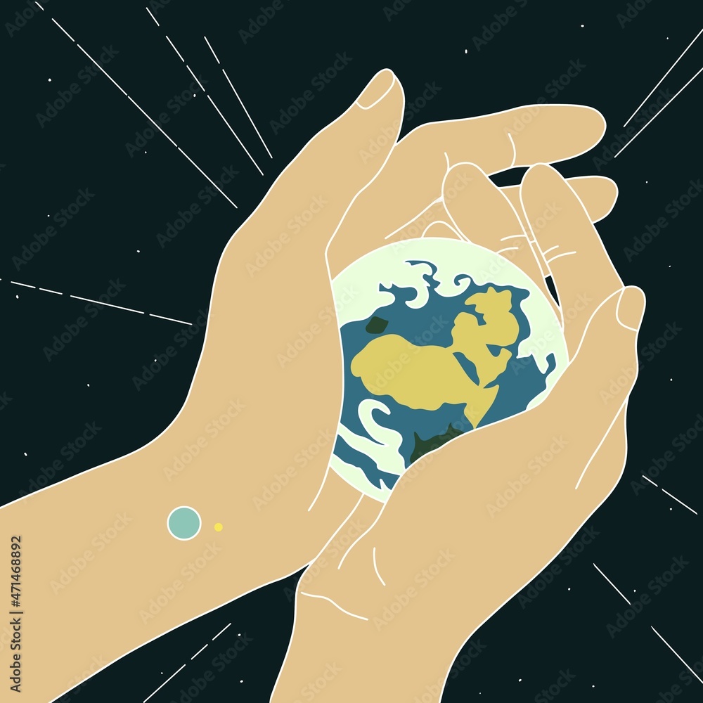 line art vector. Planet Earth in a woman's hand and space. The planet ...