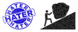 © Evgeny - Low-Poly polygonal man rolling stone up 2d illustration with Hater corroded seal print. Blue stamp seal contains Hater title inside circle it.