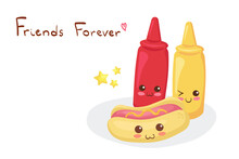 Kawaii Hot Dog And Ketchup With Mustard `bottles Isolated On White Background. Cute Fast Food Menu Set. Funny And Happy Vector Illustration With Hand Drawn Lettering. Adorable Food Characters.