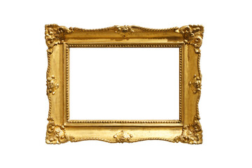 Gold frame for a picture in a classic baroque style on a white blank background.