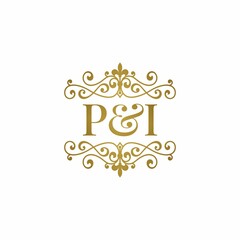 P&I initials logo ornament gold. Letter PI wedding ampersand or business partner symbol.	
