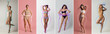 Collage made of portraits of young beautiful women with perfect body shape in underwear isolated over colored background.