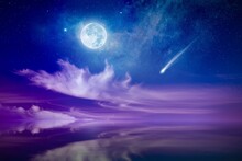 Amazing Mysterious Image – Rising Full Moon, Falling Comet Or Shooting Star And Pink Clouds Above Serene Sea. Full Moon Party Concept.