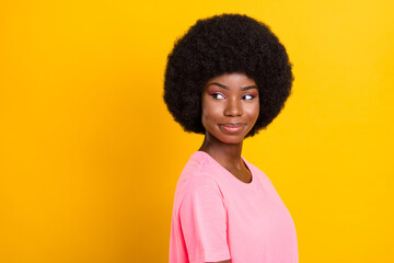 Poster - Profile side photo of young attractive black girl happy positive smile look empty space isolated over yellow color background