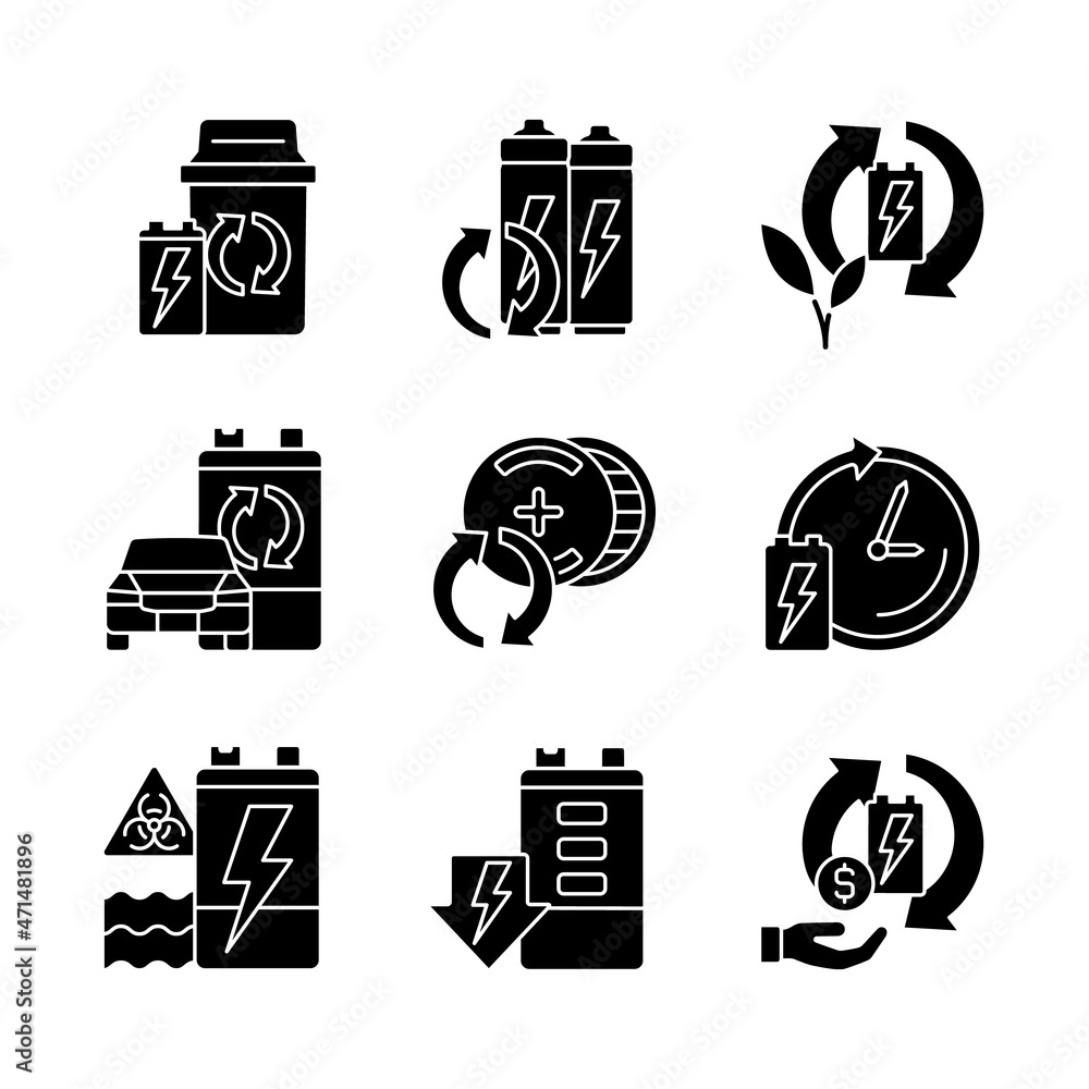 Battery processing black glyph icons set on white space. Accumulators ...