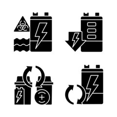 Wall Mural - Battery reuse black glyph icons set on white space. Prevent environment contamination. Electrical waste recycling station. Discharged accumulator. Silhouette symbols. Vector isolated illustration