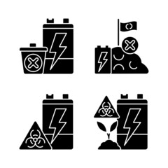 Poster - Improper battery disposal black glyph icons set on white space. E-waste prohibited landfill. Environment pollution. Accumulator toxicity and harm. Silhouette symbols. Vector isolated illustration