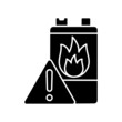 Battery flammability black glyph icon. Accumulator flash point. Thermal runaway danger. Energy cell high temperature. Fire start risk. Silhouette symbol on white space. Vector isolated illustration