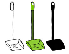 A Dustpan. A Set Of Green Shovel For Sweeping The Floor In The Style Of A Sketch On A Long Handle. Isolated Black Outline And Silhouette On White For A Home Cleaning Design Template