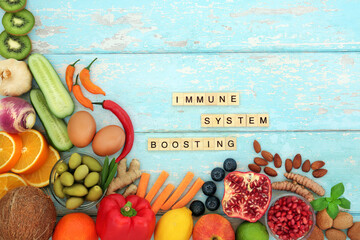 Wall Mural - Immune system boosting healthy food for vegetarian diet with dairy, vegetables, fruit, medicinal herbs and spice. High in antioxidants, anthocyanins, flavonoids, fibre, lycopene, smart carbs, vitamins