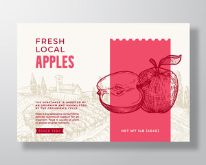 Wall Mural - Fresh Local Apples Food Label Template. Abstract Vector Packaging Design Layout. Modern Typography Banner with Hand Drawn Fruit and Rural Landscape Background. Isolated