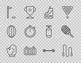 Set line Baseball glove, Jump rope, Skates, Sport mechanical scoreboard, Golf flag, Stopwatch, Barbell and Tennis racket icon. Vector