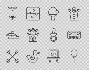 Canvas Print - Set line Arrow with sucker tip, Balloons ribbon, Racket and ball, Rubber duck, Pogo stick jumping toy, Jack the box, Chalkboard and Toy piano icon. Vector