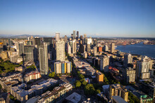 Seattle, Washington, USA - June 4 2021: Seattle Downtown Panoramic Skyline During Summer Sunset. View From Seattle Needle.